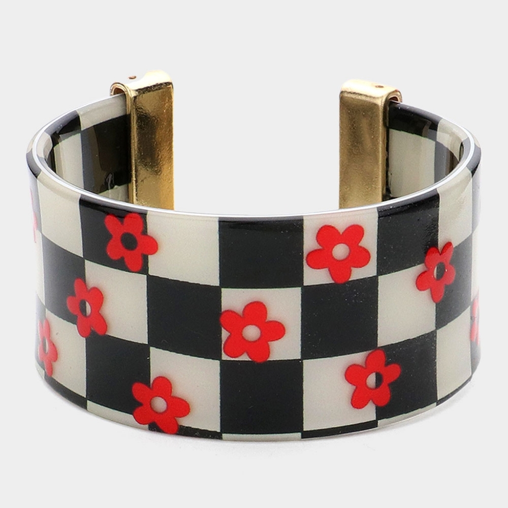 Black and White Checkered Cuff Bracelet with Red Flowers